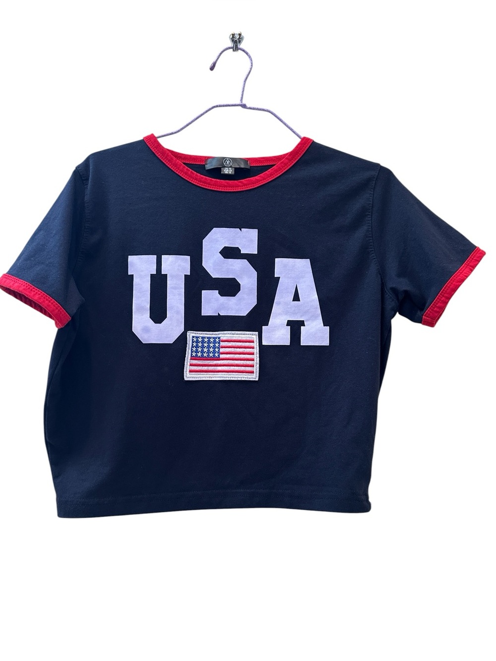 Missguided Vintage Short Sleeve Crop Tee Navy USA Flag Patchwork Size 12 Y2K